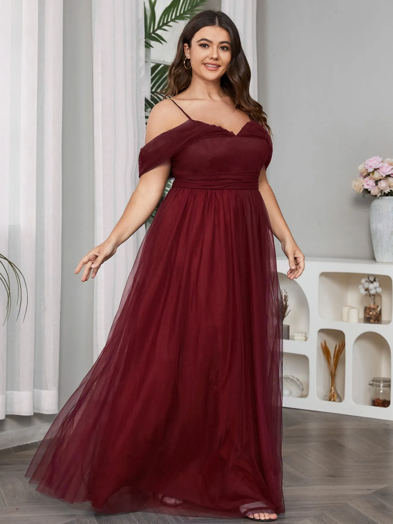 Women Plus Size Cold Shlouder Mesh Bridesmaid Dresses