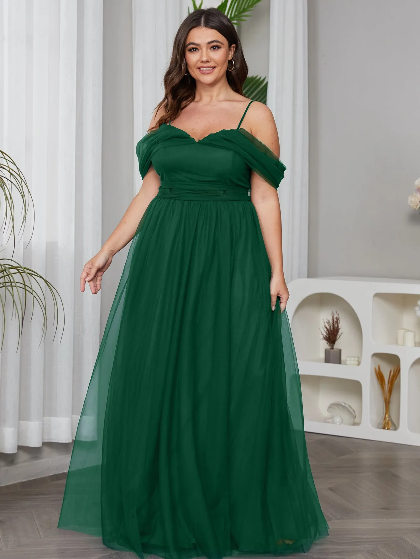 Women Plus Size Cold Shlouder Mesh Bridesmaid Dresses