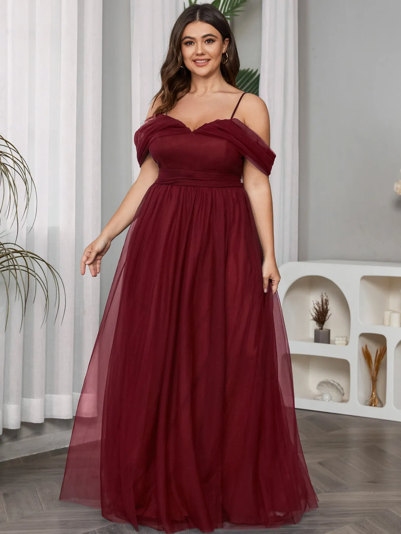 Women Plus Size Cold Shlouder Mesh Bridesmaid Dresses