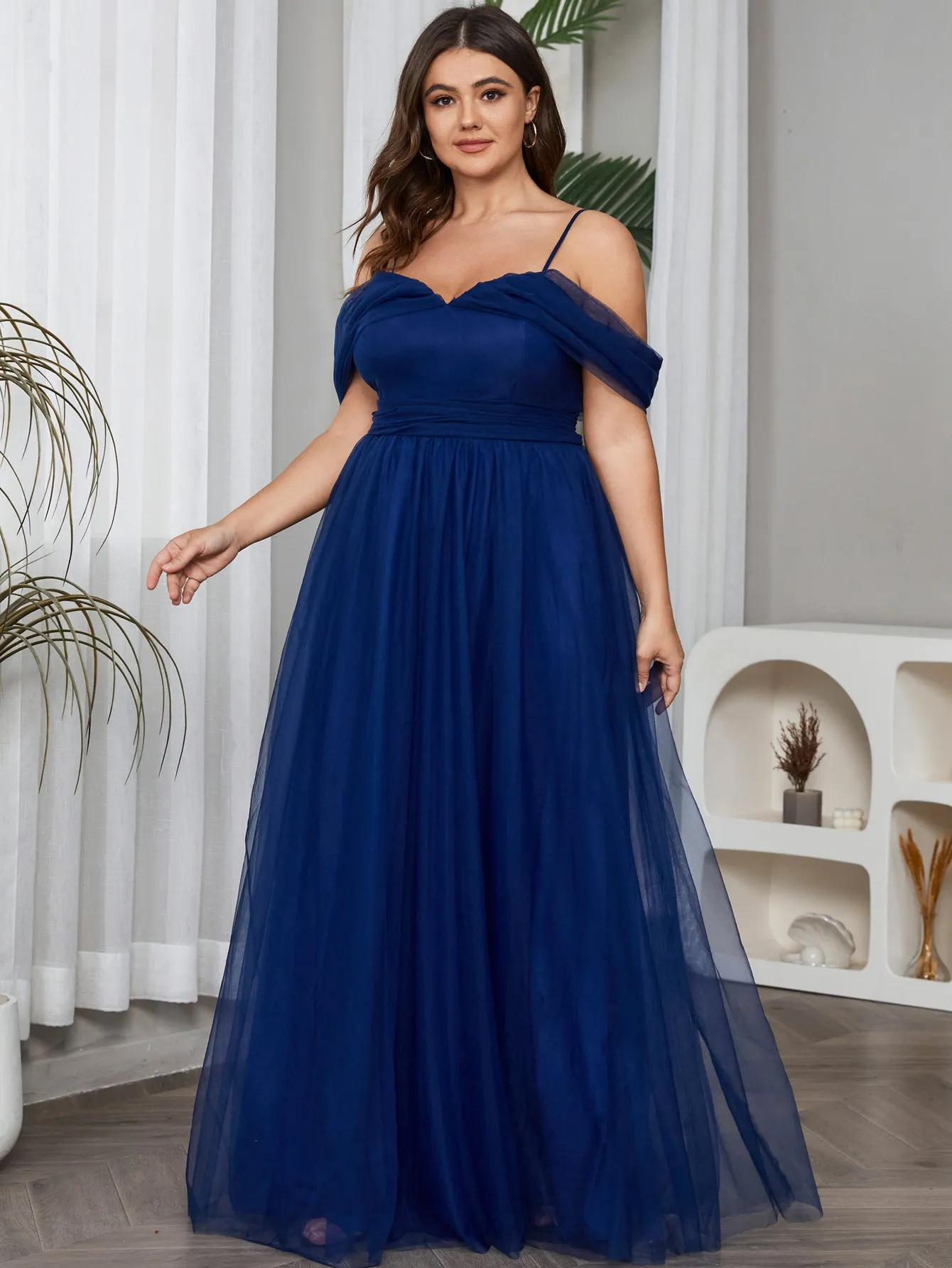 Women Plus Size Cold Shlouder Mesh Bridesmaid Dresses