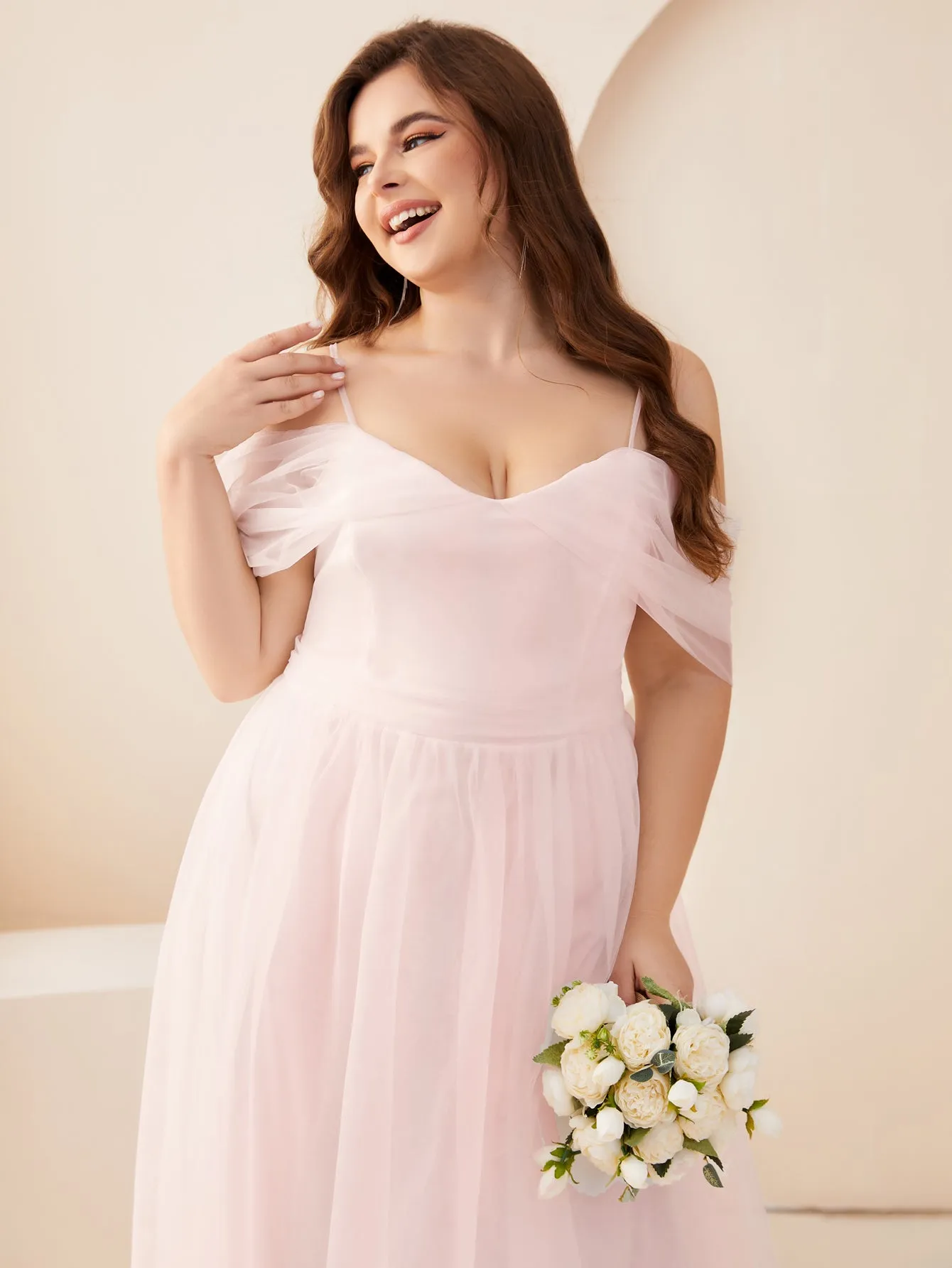 Women Plus Size Cold Shlouder Mesh Bridesmaid Dresses