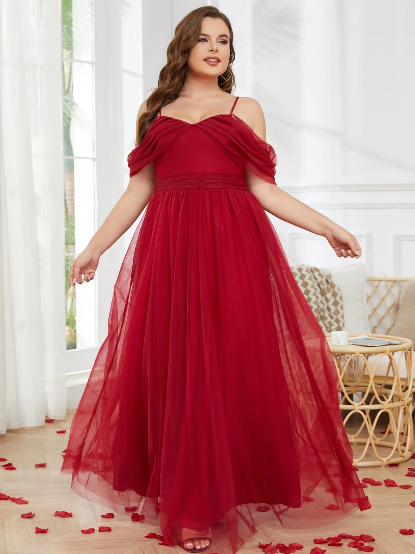 Women Plus Size Cold Shlouder Mesh Bridesmaid Dresses