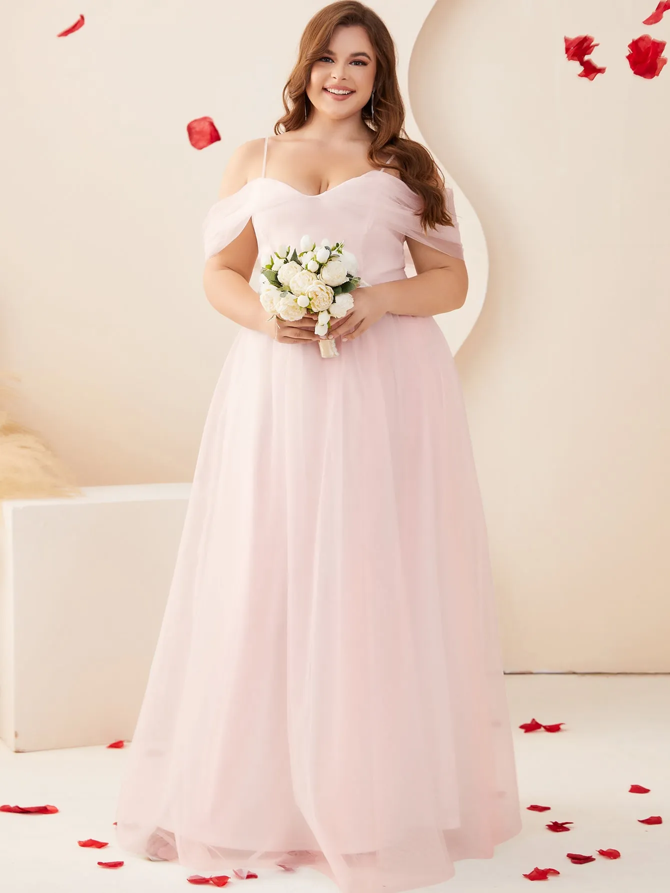 Women Plus Size Cold Shlouder Mesh Bridesmaid Dresses