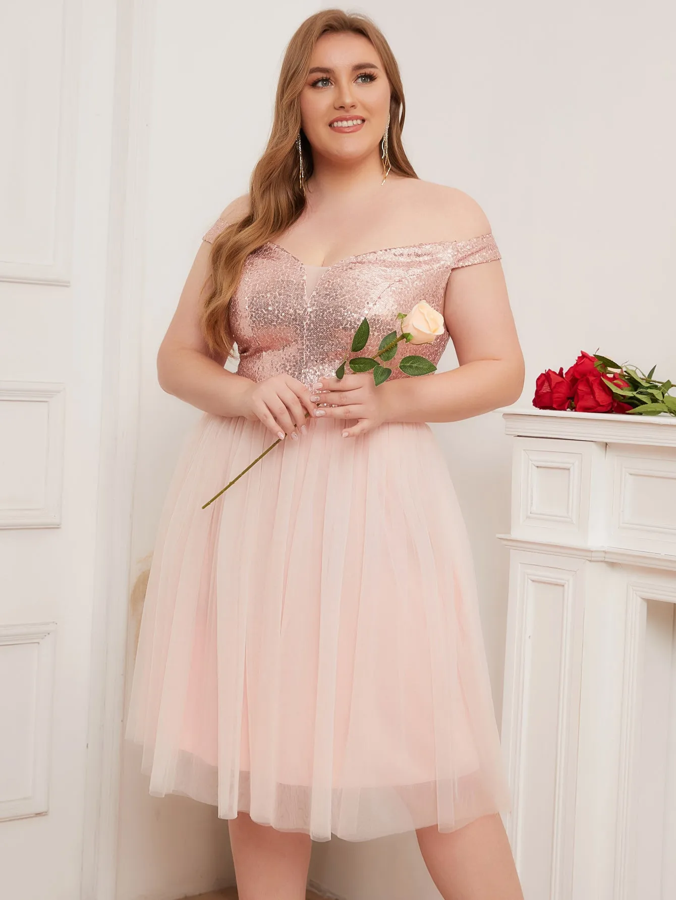 Women Plus Size Off the Shoulder Gold Sequins & Tulle Cocktail Party Dresses