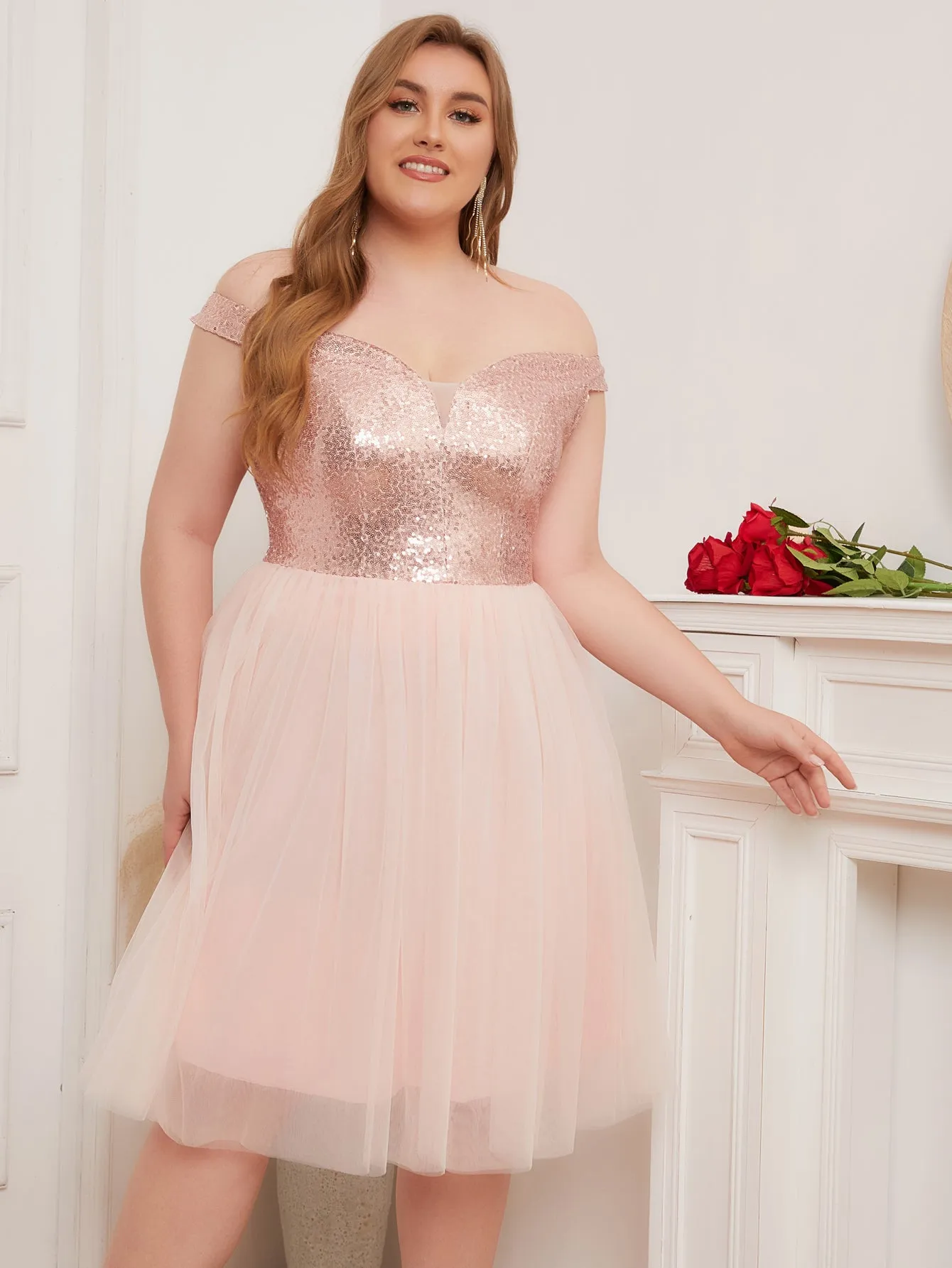 Women Plus Size Off the Shoulder Gold Sequins & Tulle Cocktail Party Dresses