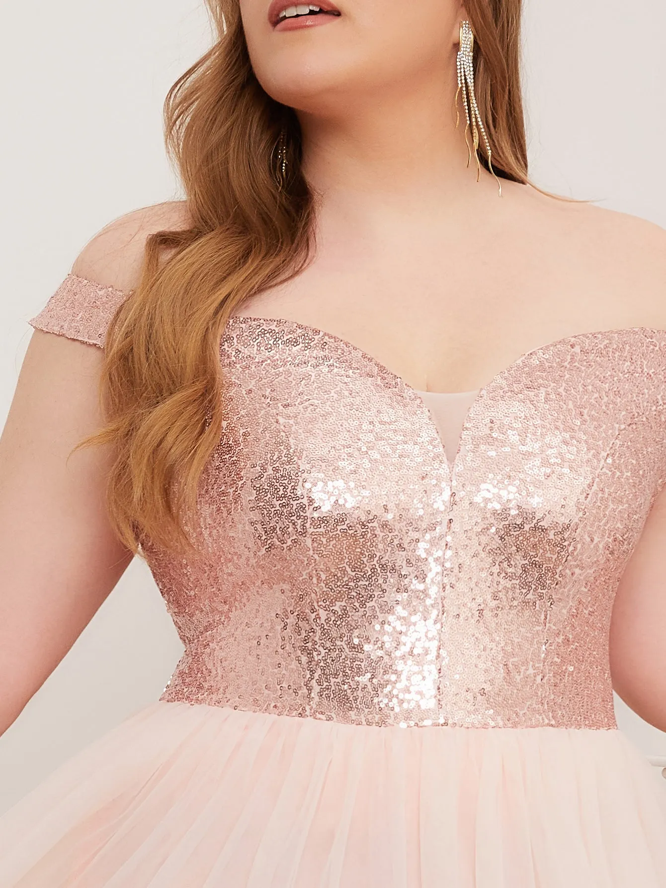 Women Plus Size Off the Shoulder Gold Sequins & Tulle Cocktail Party Dresses