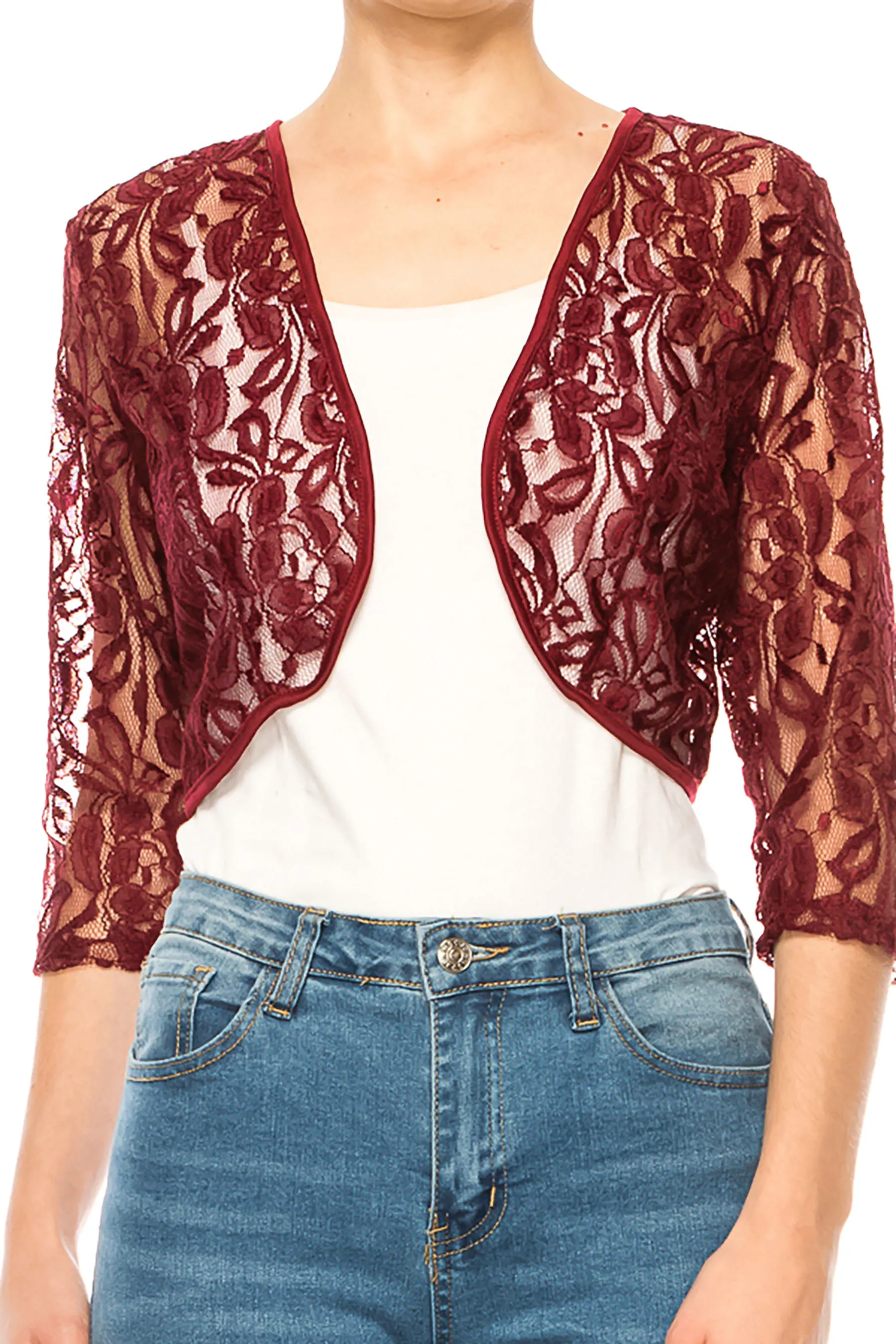 Women's Casual Lace Bolero Crochet Open Cardigan 3/4 Sleeve Sheer Cover Up Jacket