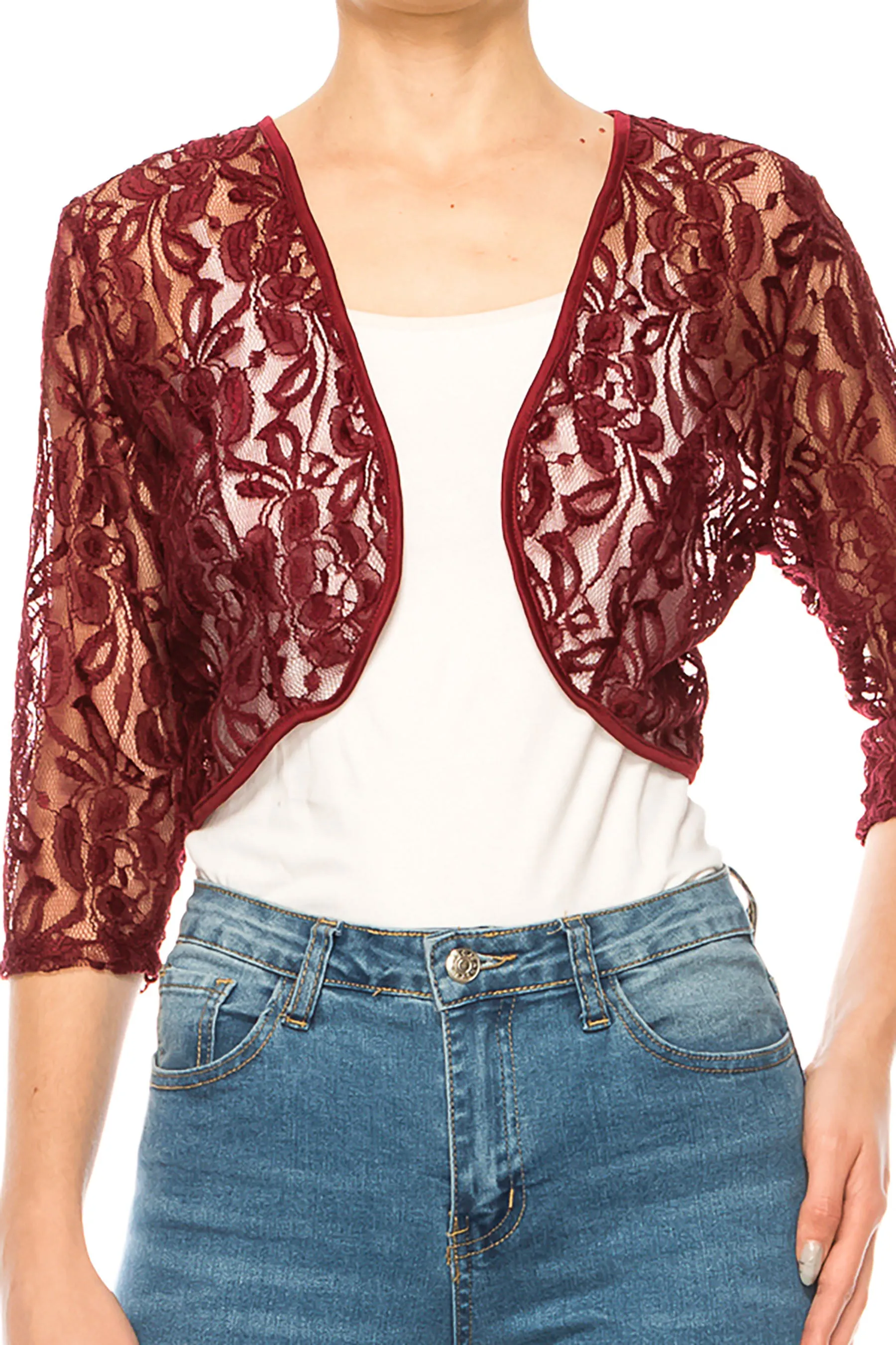 Women's Casual Lace Bolero Crochet Open Cardigan 3/4 Sleeve Sheer Cover Up Jacket