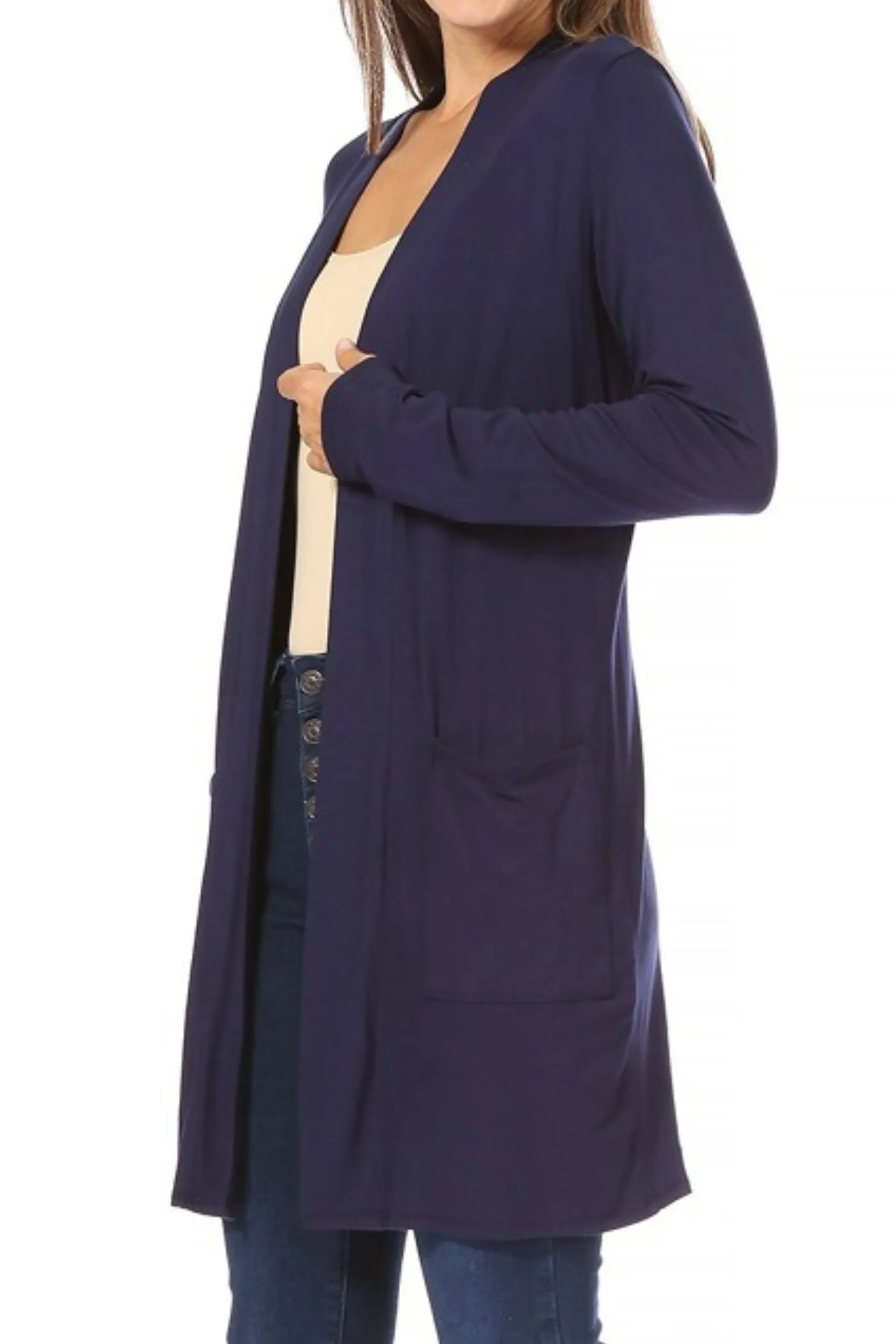 Women's Casual Open Front Basic Long Sleeves Side Pockets Solid Cardigan