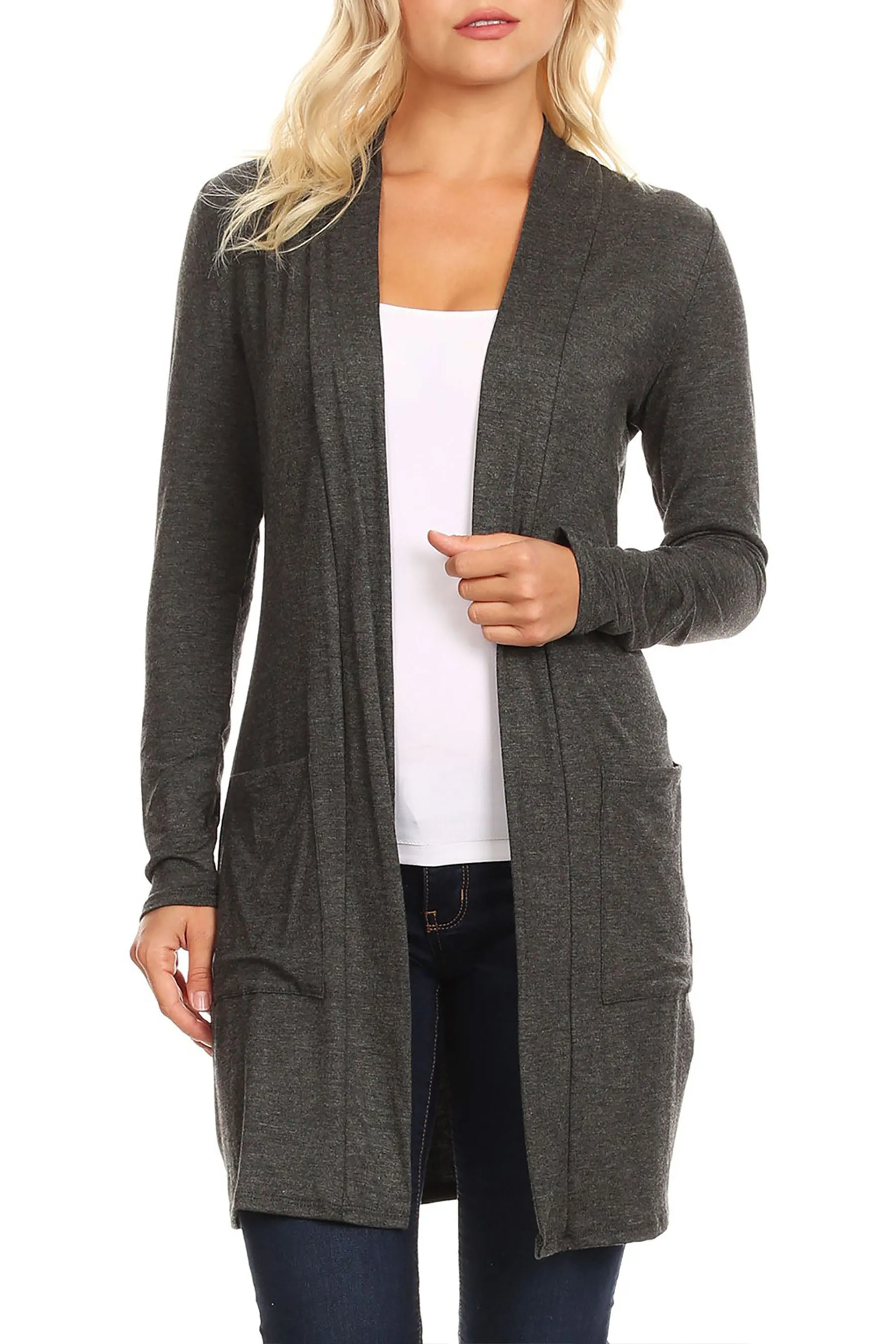 Women's Casual Open Front Basic Long Sleeves Side Pockets Solid Cardigan