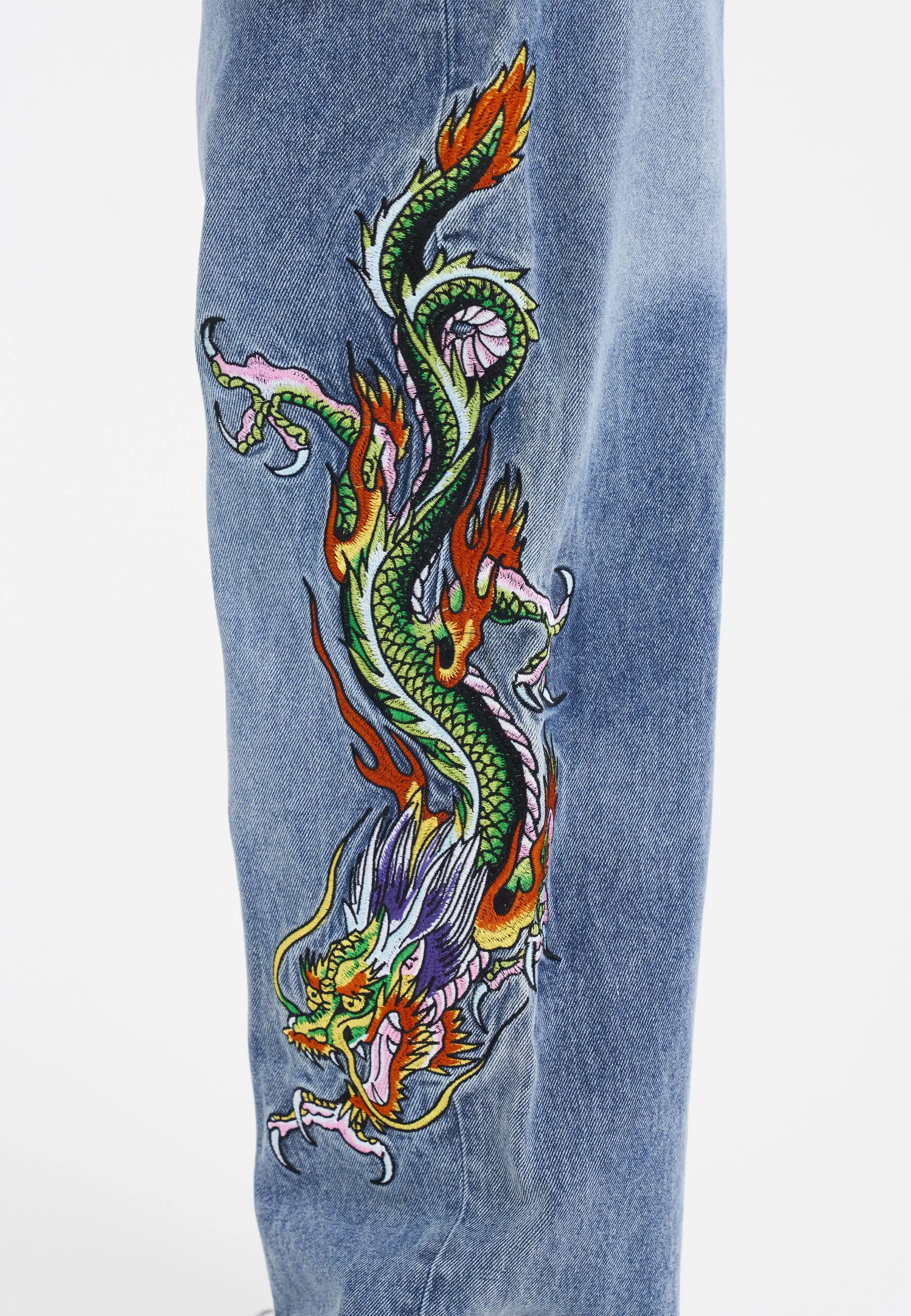 Womens Crawling Dragon Relaxed Fit Denim Trousers Jeans - Bleach