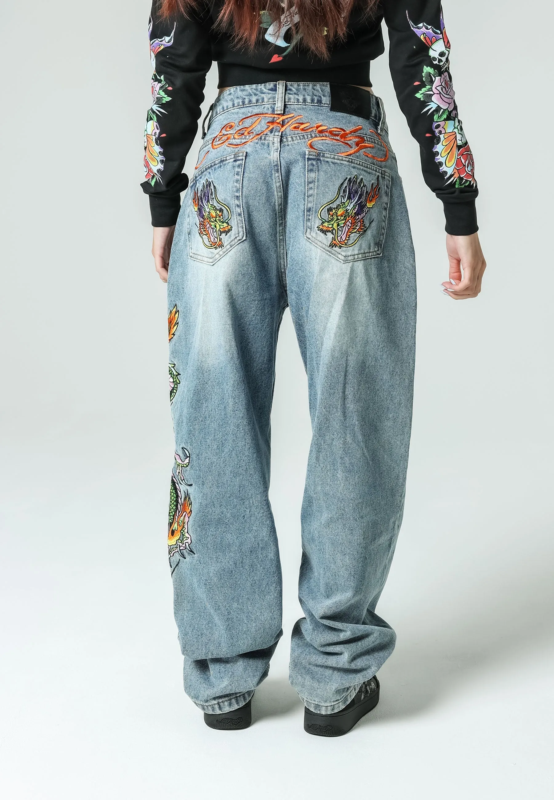 Womens Crawling Dragon Relaxed Fit Denim Trousers Jeans - Bleach