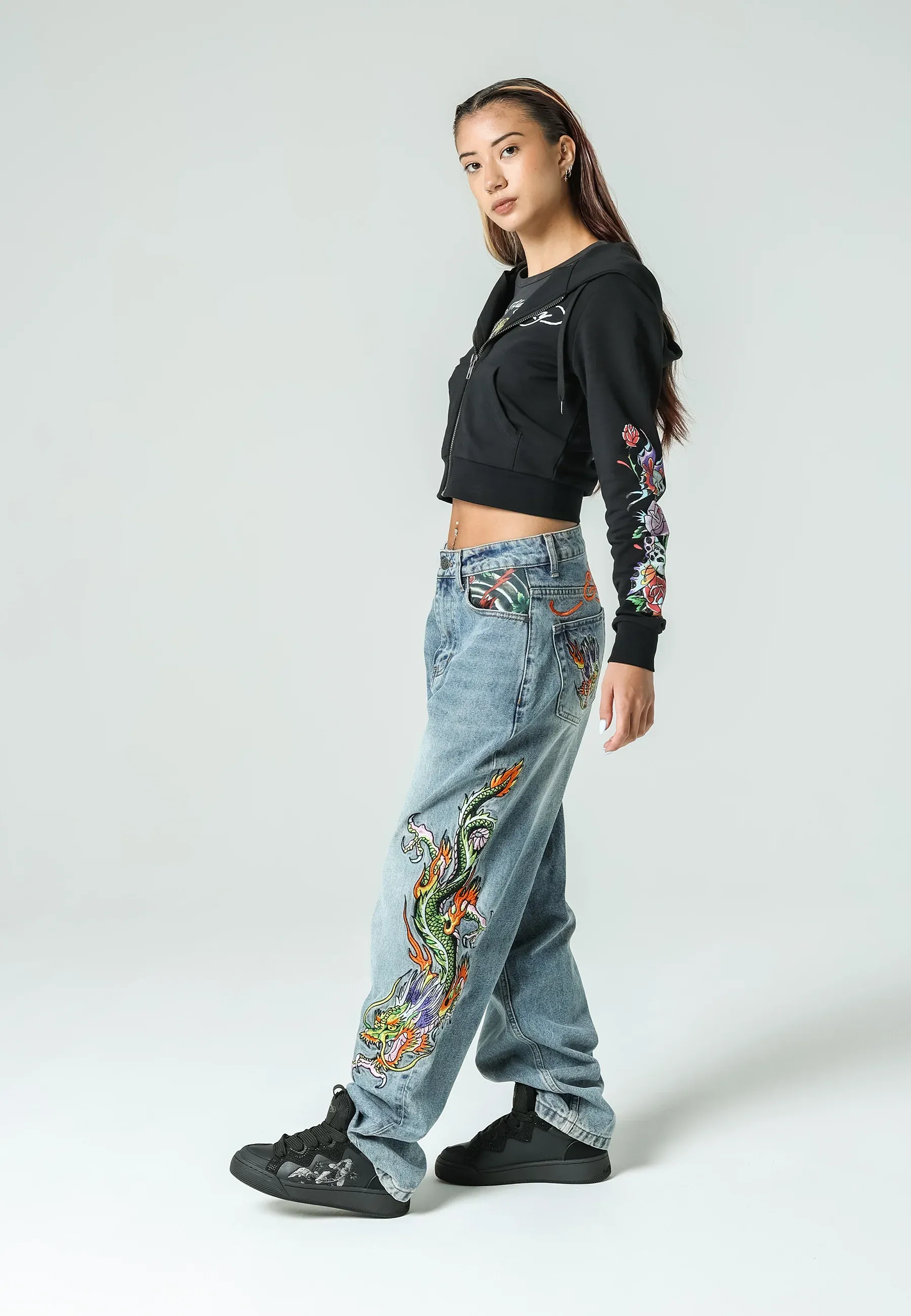 Womens Crawling Dragon Relaxed Fit Denim Trousers Jeans - Bleach