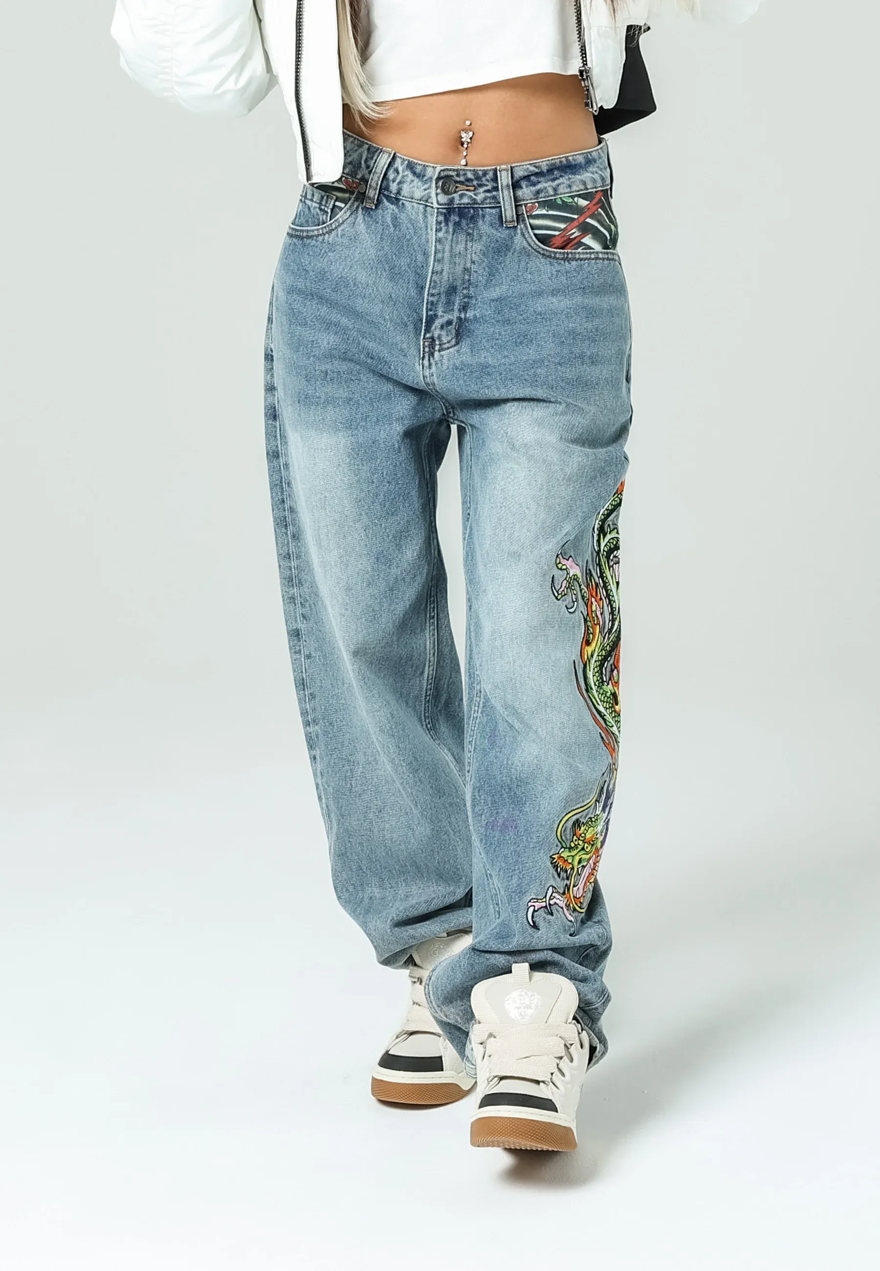 Womens Crawling Dragon Relaxed Fit Denim Trousers Jeans - Bleach