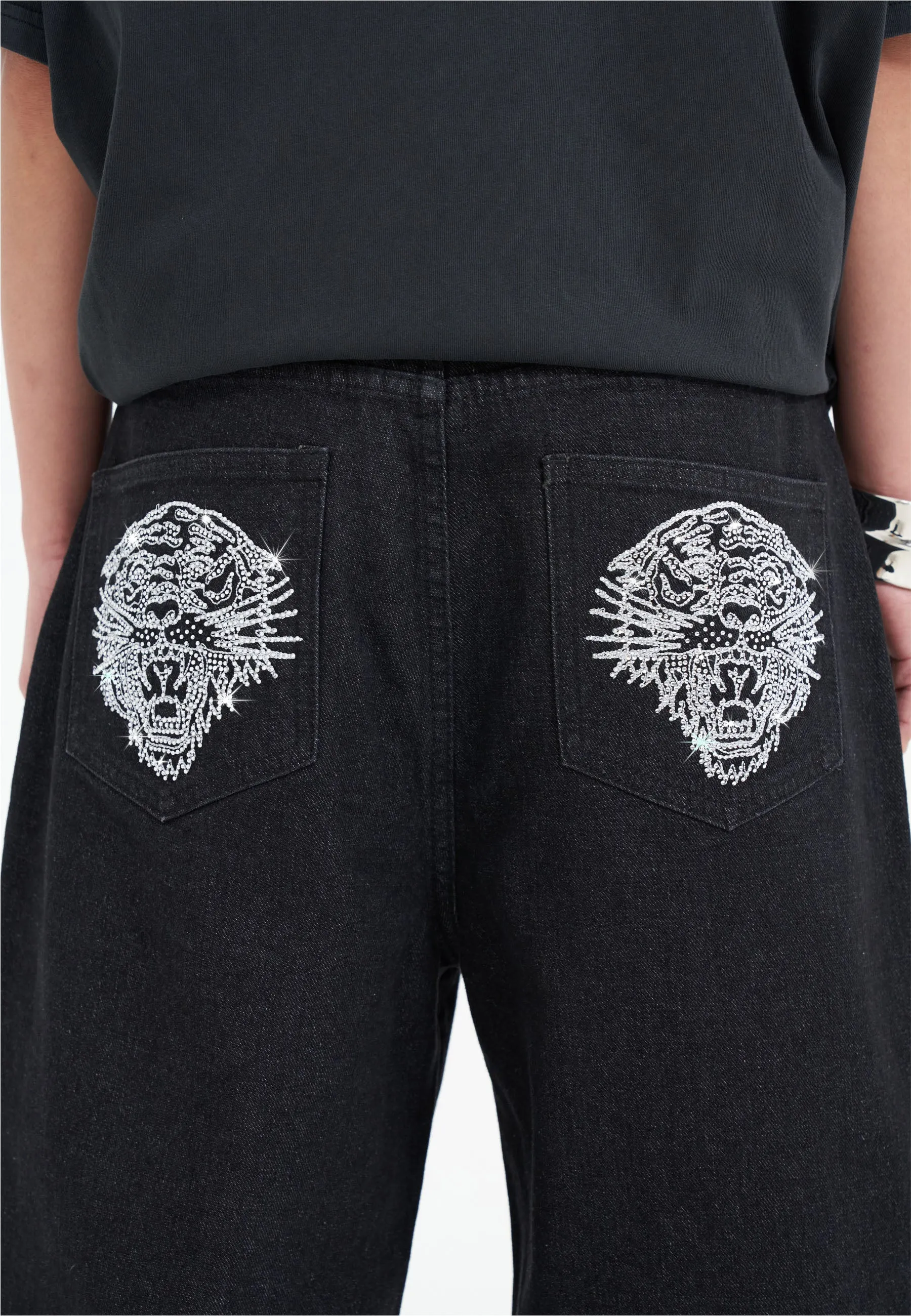 Womens Crystal Roar Diamante Relaxed Denim Trousers Jeans - Black