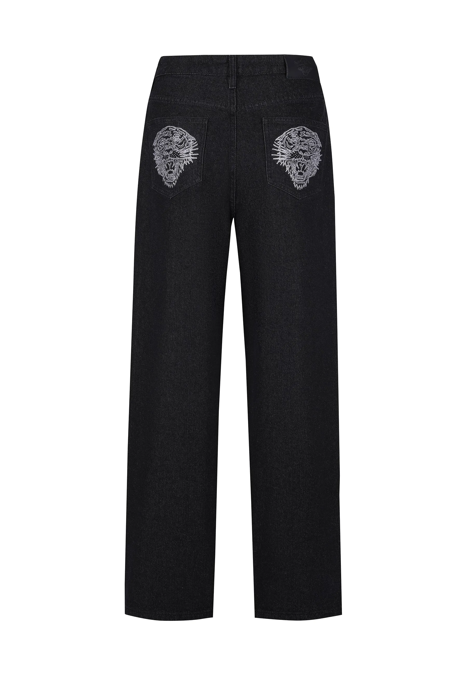 Womens Crystal Roar Diamante Relaxed Denim Trousers Jeans - Black