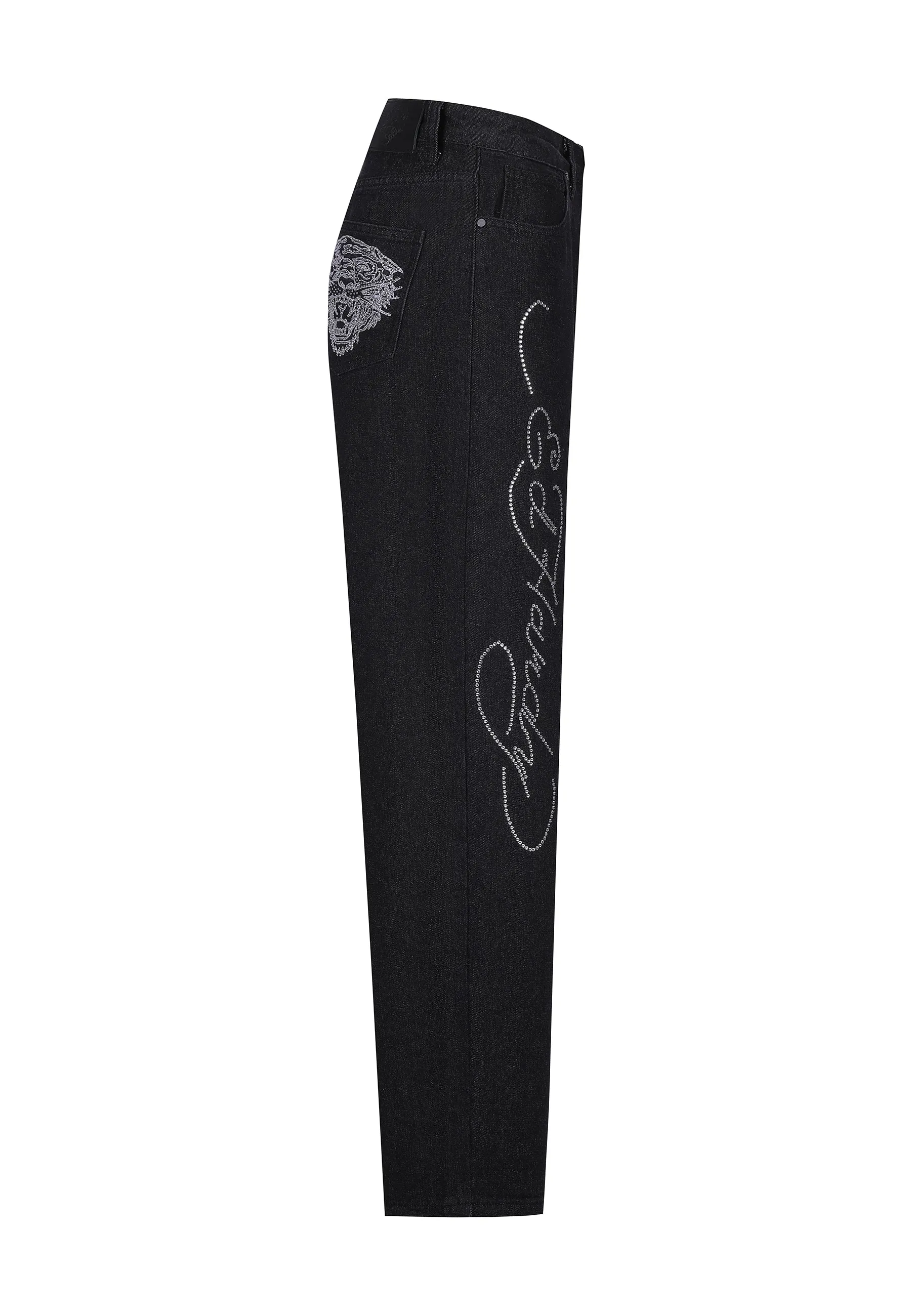 Womens Crystal Roar Diamante Relaxed Denim Trousers Jeans - Black