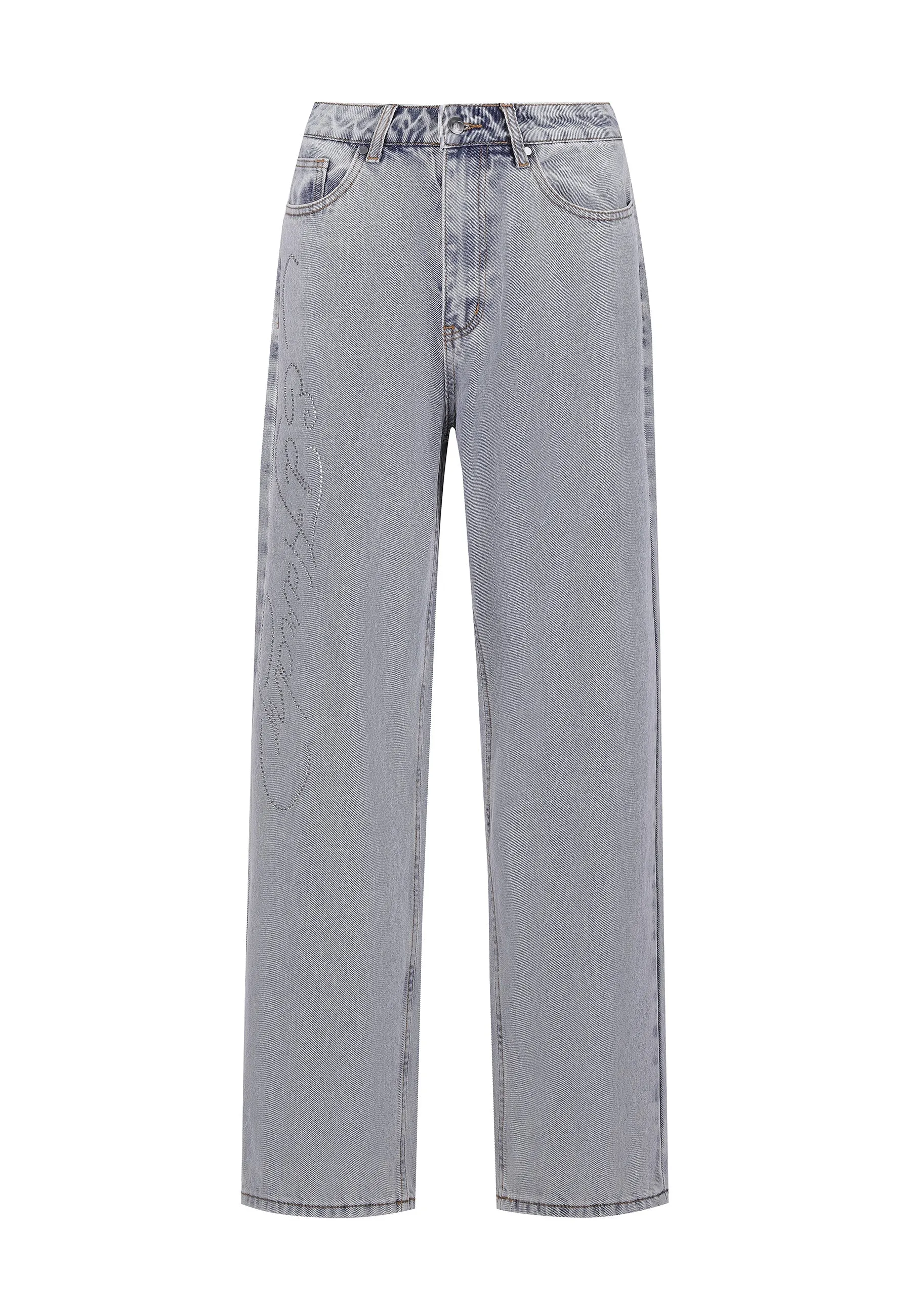 Womens Crystal Roar Diamante Relaxed Denim Trousers Jeans - Bleach