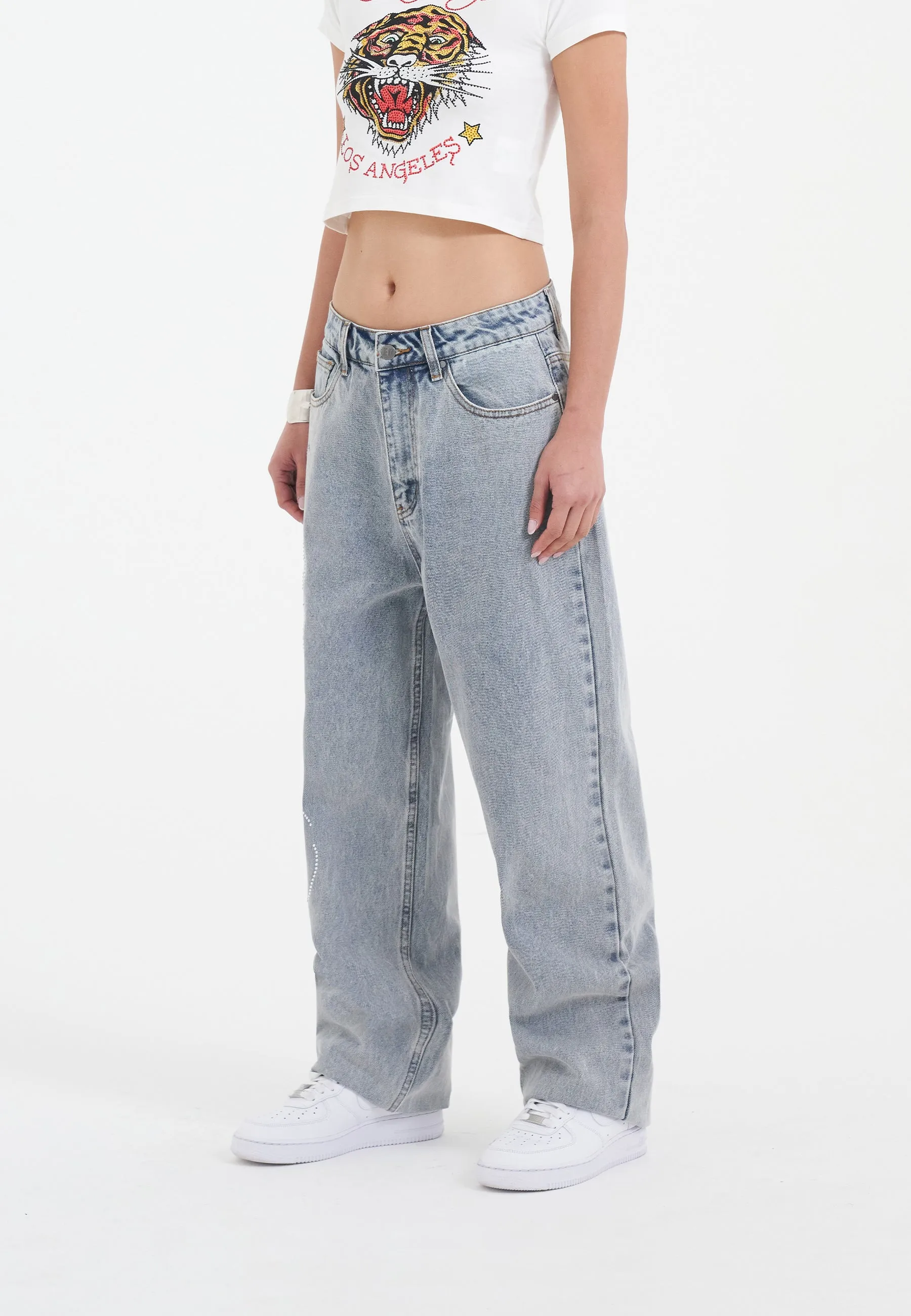 Womens Crystal Roar Diamante Relaxed Denim Trousers Jeans - Bleach