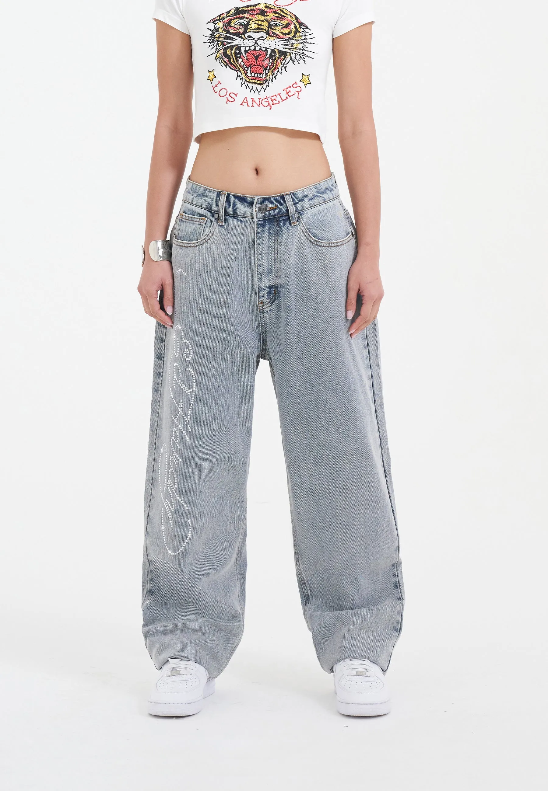 Womens Crystal Roar Diamante Relaxed Denim Trousers Jeans - Bleach