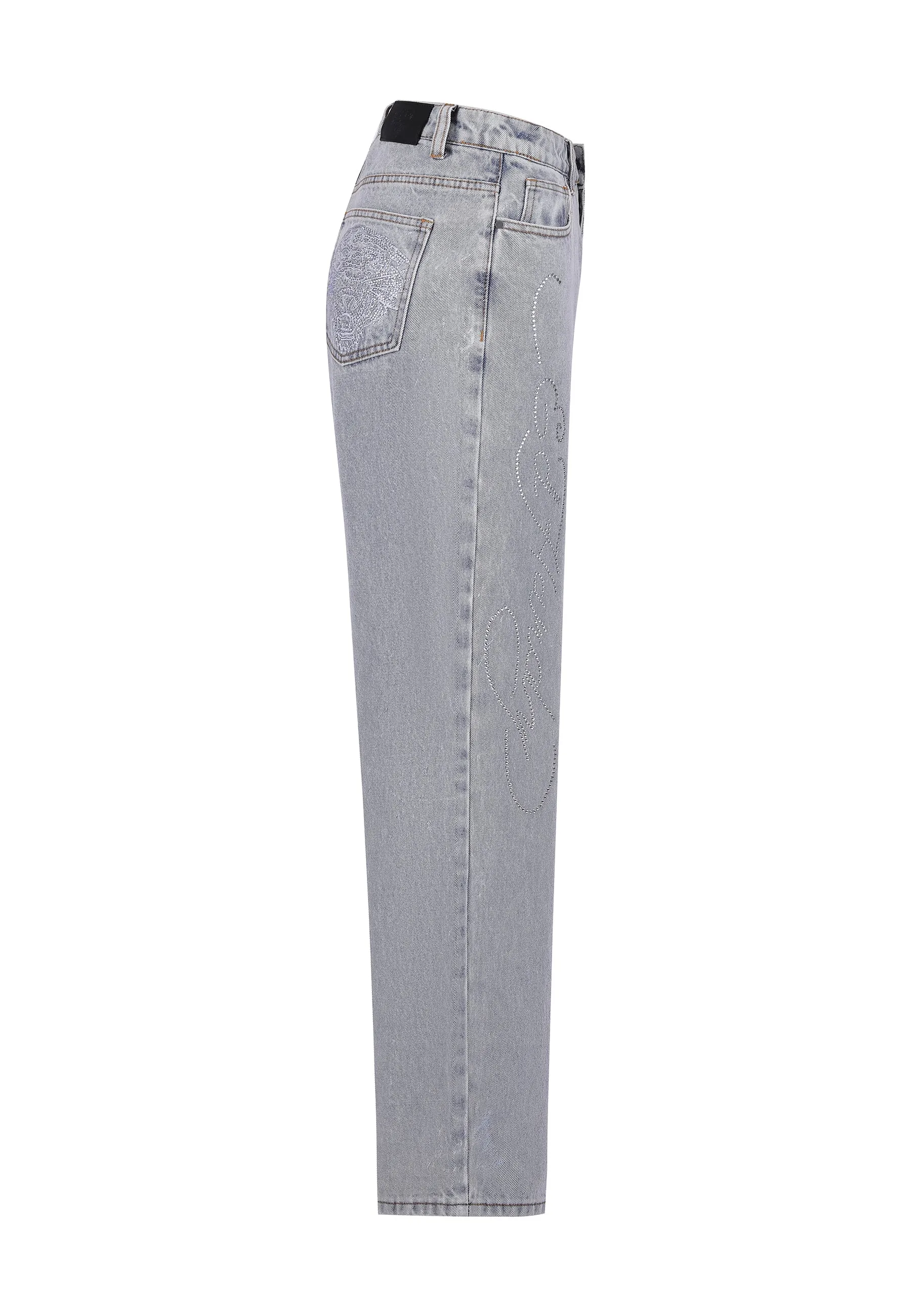 Womens Crystal Roar Diamante Relaxed Denim Trousers Jeans - Bleach