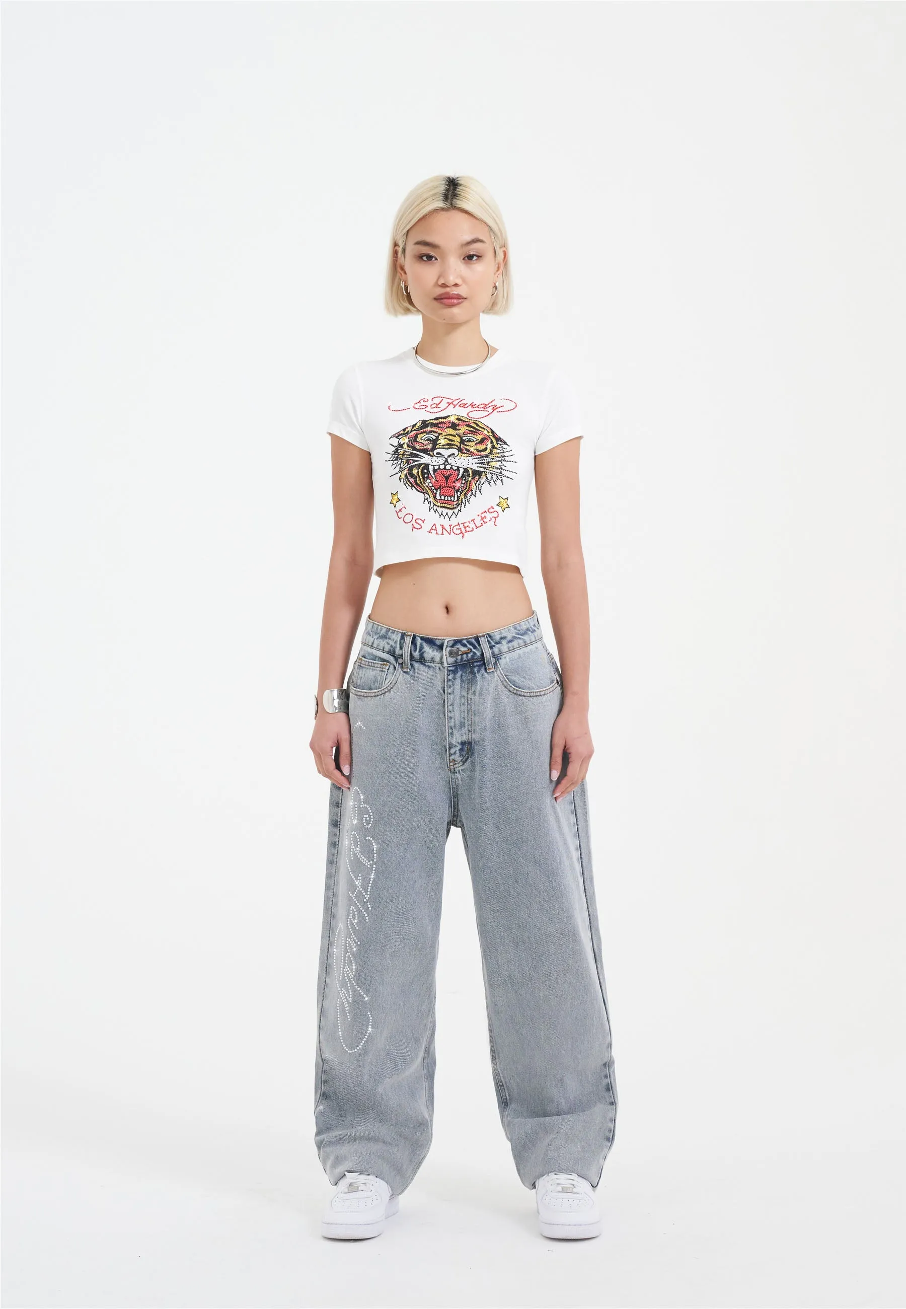 Womens Crystal Roar Diamante Relaxed Denim Trousers Jeans - Bleach