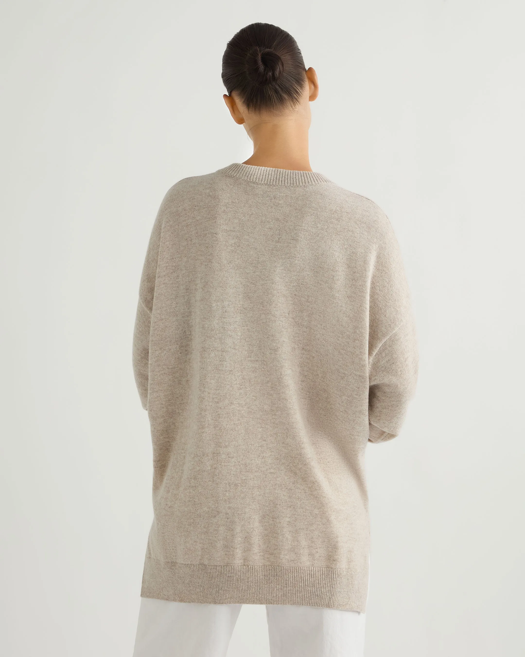 Women's Longline V Neck Cashmere Sweater Sand Brown