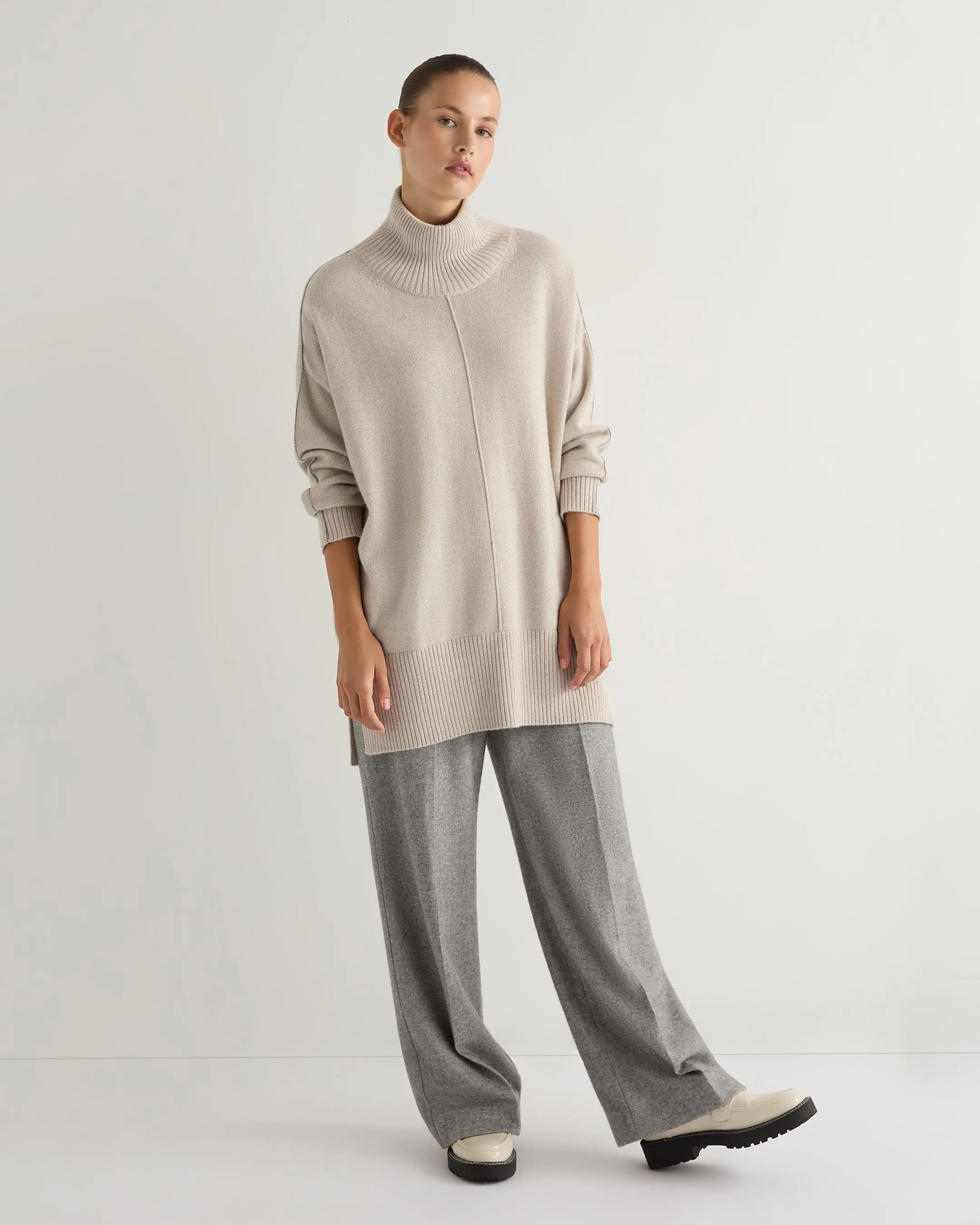 Women's Mock Neck Metal Cashmere Sweater With Lurex Ecru White