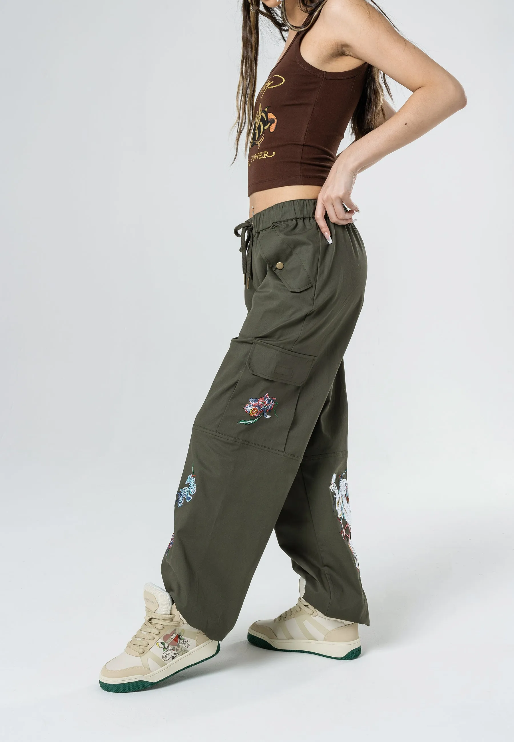 Womens Mystic Panther Cargo Pants Trousers - Olive