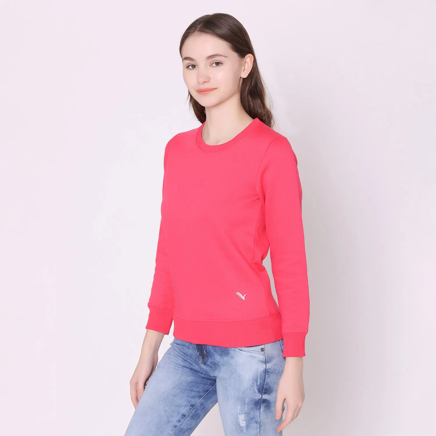 Women's Plain Round Neck Full Sleeve Sweatshirt - Bright Rose