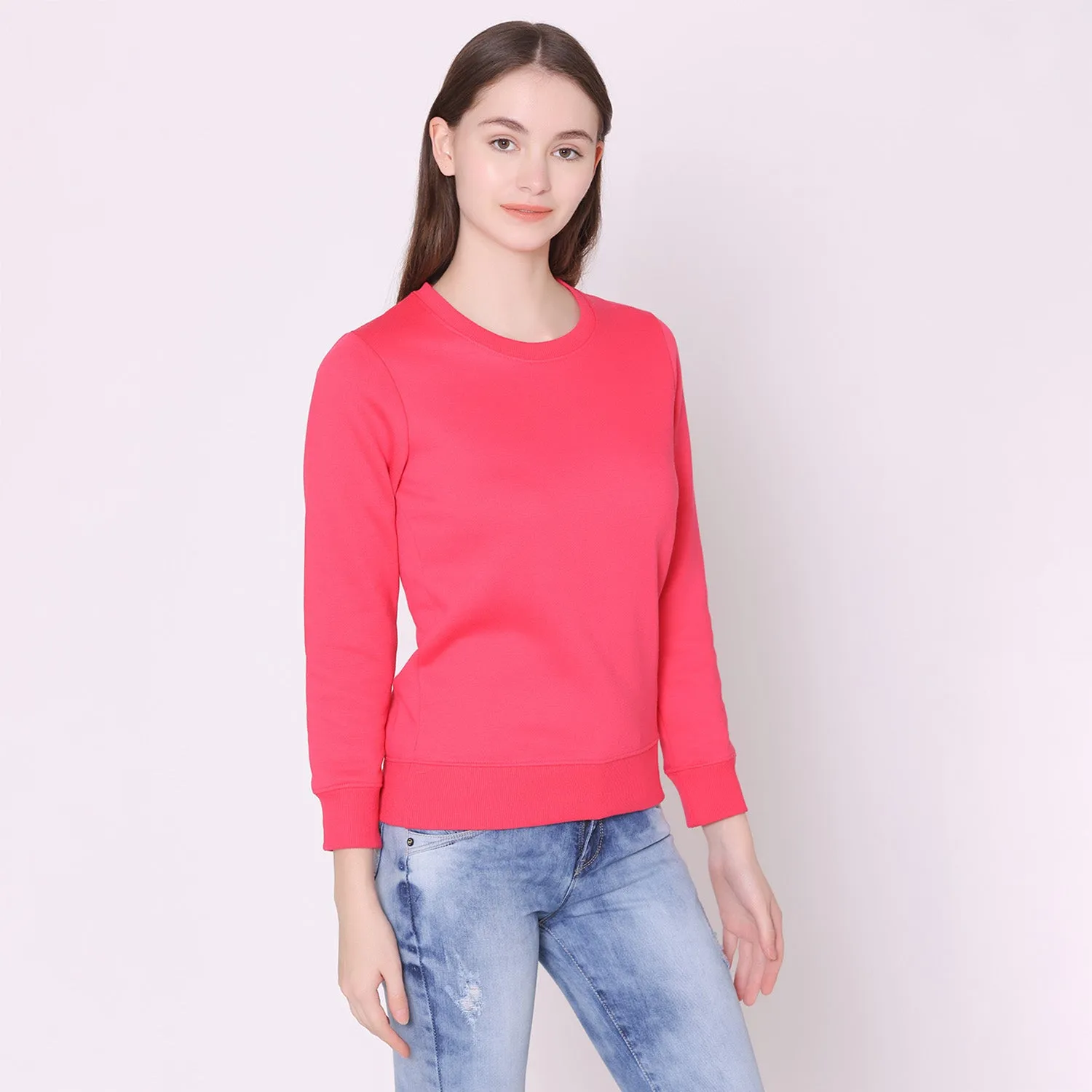 Women's Plain Round Neck Full Sleeve Sweatshirt - Bright Rose